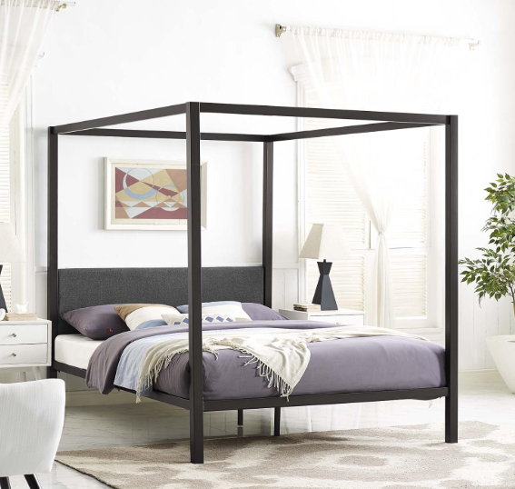 Modway Raina Metal Queen Canopy Bed Frame with Upholstered Gray Fabric Headboard, Brown Gray