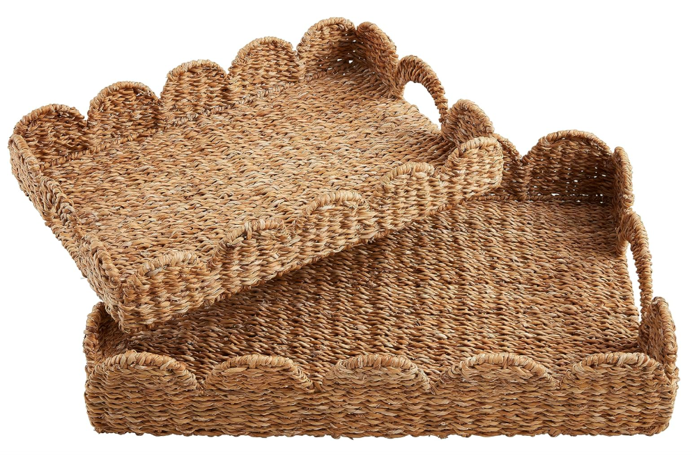 Mud Pie Nested Scallop Woven Trays Set, Brown