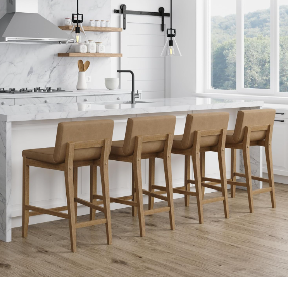 Nathan James Gracie Modern Counter Height Bar Stool Set of 4, Upholstered PU Leather with Brushed Wooden Legs, Light Brown