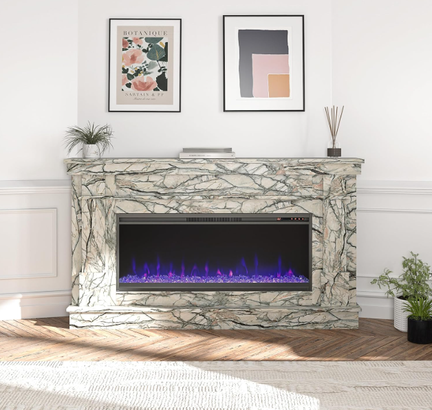 Novogratz Waverly Wide Mantel with Linear Electric Fireplace & Crystal Ember Bed, Onyx Marble