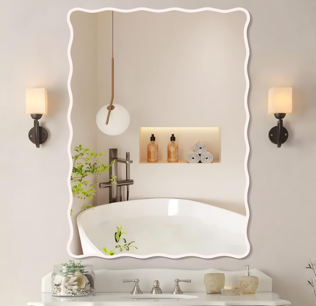 White Wavy Bathroom Mirror 28in x 40in Rectangle Scalloped Mirror