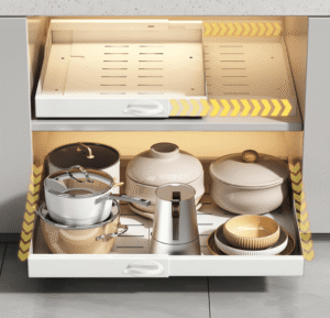 Pull out expandable cabinet organizer, self adhesive, kitchen, bath, closet, garage