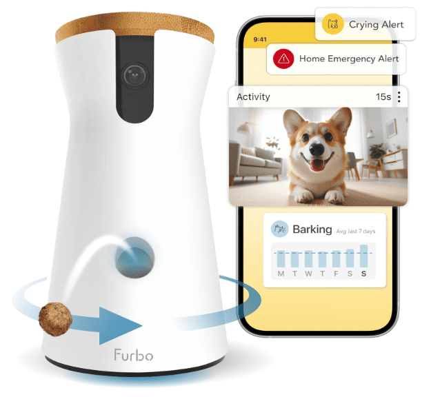 360 home security and dog safety, rotating pet treat dispenser with speaker