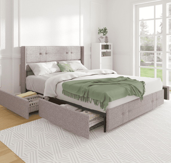 Novilla upholstered platform bed frame with 4 storage drawers, king