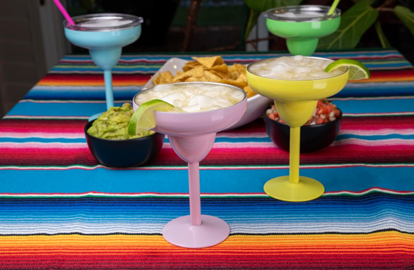 Vacuum sealed metal margarita glass with lid for vacation, pool, ice cold drinks, yellow