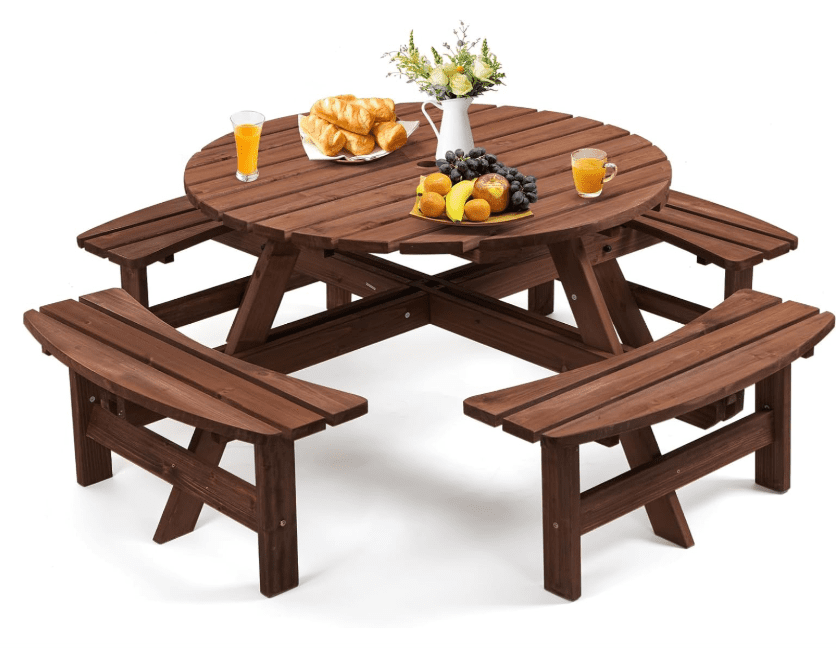 Zevemomo 8 person picnic table+benches, wood