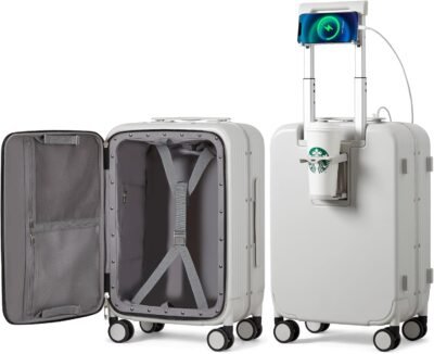 Carry on luggage with cup phone holder and charger, hard shell