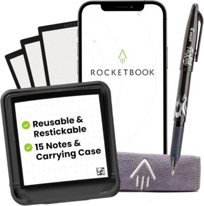 Reusable sticky notes with storage case, erasable, pen, cleaning towel, app connected