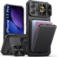 Iphone case with card holder, kickstand and slide camera lens cover, military grade heavy duty
