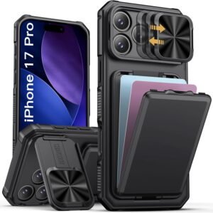 Iphone case with card holder, kickstand and slide camera lens cover, military grade heavy duty