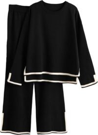 2 piece sweater top wide leg pants outfit, black