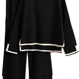 2 piece sweater top wide leg pants outfit, black