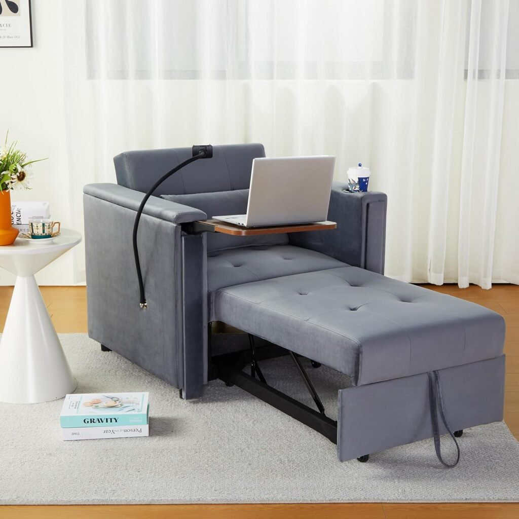 Velvet chair bed with hidden table