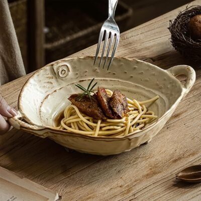 Free form ceramic bowl with handles, retro distressed
