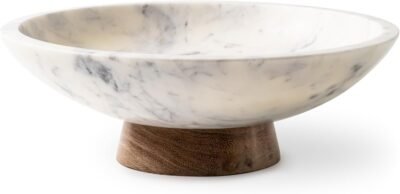 Marble decorative bowl, handcrafted natural stone with acacia wood pedestal