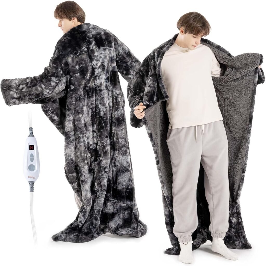 Wearable heated blanket with foot pockets and sleeves