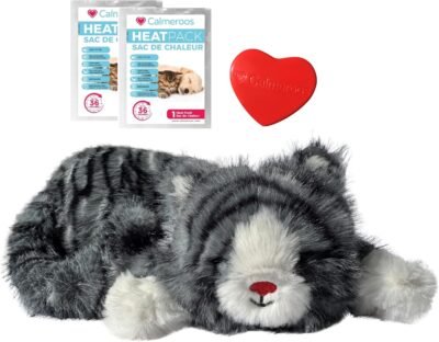 Calmeroos heartbeat toy for dogs with grey stripe plush design