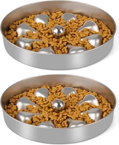 stainless steel slow feeder dog bowls with food inside, 2 pieces