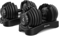 Bowflex SelectTech adjustable dumbbells on home gym floor