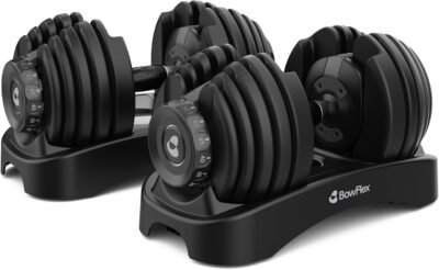Bowflex SelectTech adjustable dumbbells on home gym floor