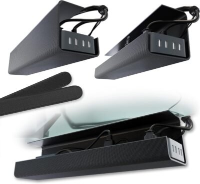 Cable Matters under‑desk cable tray installed beneath desk, no drill