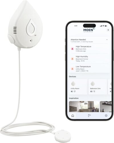 Flo by Moen Smart Water Leak Detector – Wi-Fi Leak, Moisture & Temp Alerts
