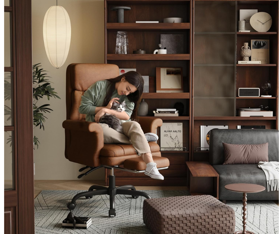 woman holding cat sitting in ergonomic office chair