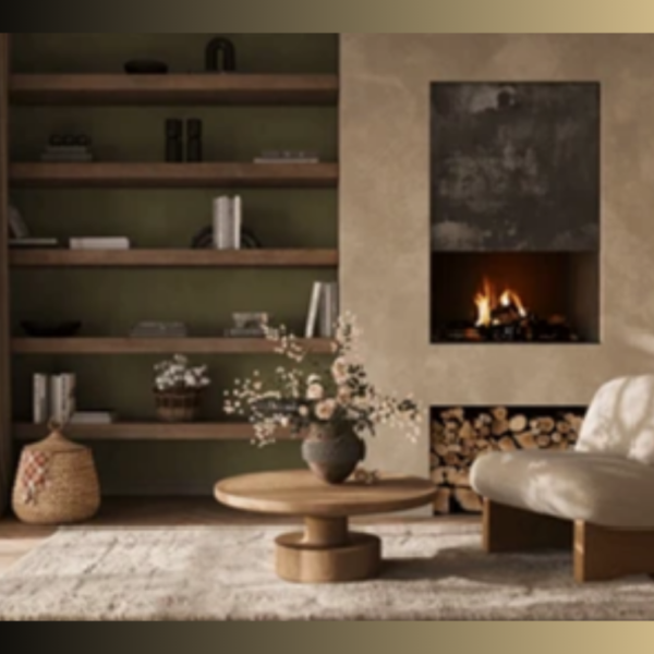 living room corner with wall shelving, table, chair, fireplace, natural colors