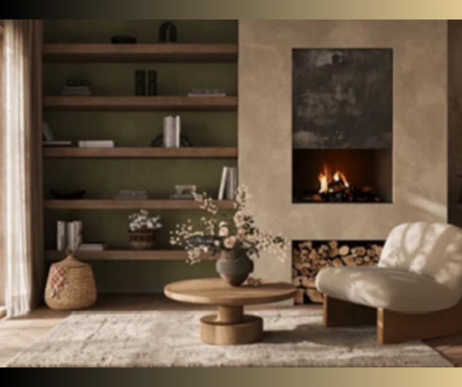 living room corner with wall shelving, table, chair, fireplace, natural colors