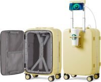 Carry on luggage with cup phone holder and charger, hard shell