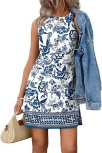 Casual sleeveless mini dress blue boho print