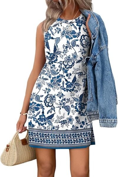 Casual sleeveless mini dress blue boho print