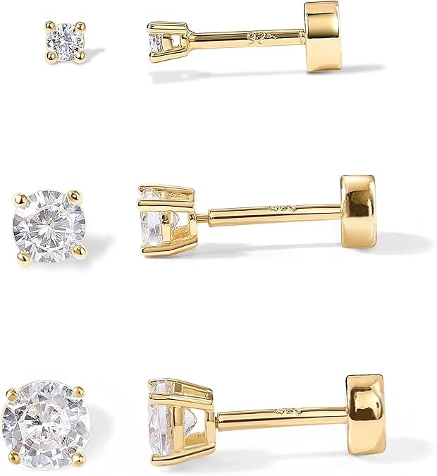 Gold plated solid 925 sterling silver stud with flat back earings