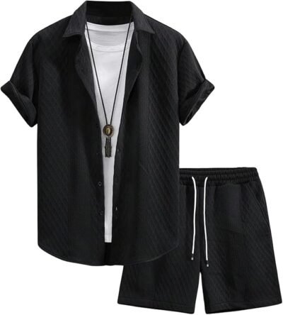 Men's 2 piece outfit button down shirt and shorts