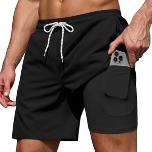 Men's swim trunks with compression liner stretch and zipper pockets