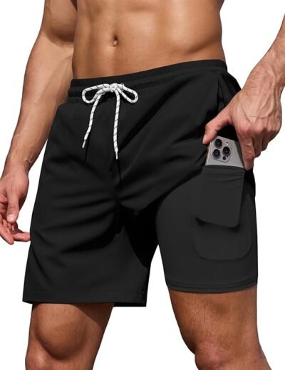 Men's swim trunks with compression liner stretch and zipper pockets