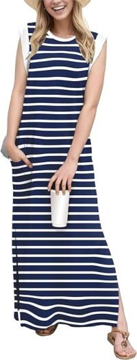 Navy blue and white stripe maxi dress