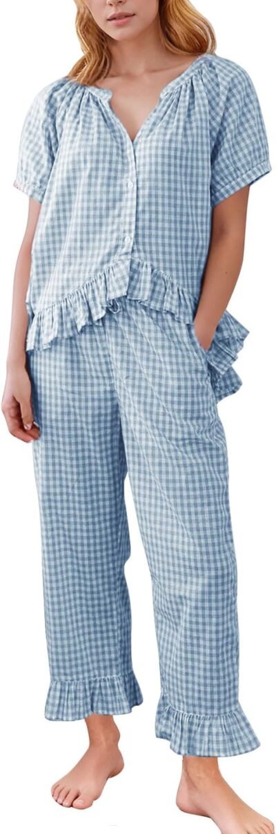 Plaid gingham 2 piece pajama set