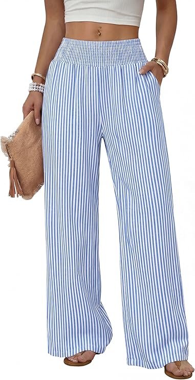 Striped versatile wide pants with elastic waist