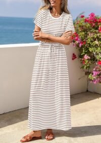 Summer dress striped white khaki