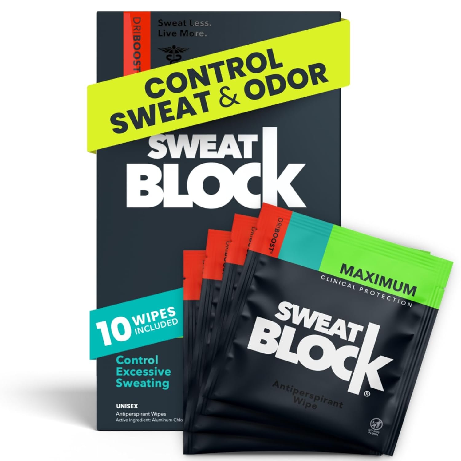 SweatBlock antiperspirant underarm wipes - stops sweating up to 72 hours