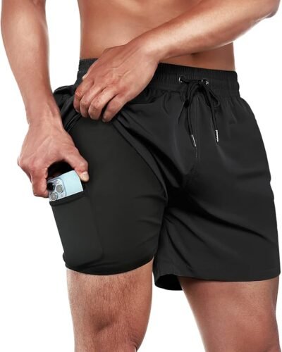 Swim trunk shorts with compression liner and zipper pocket