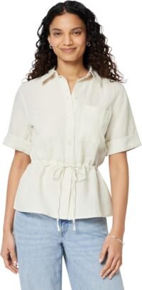 Women's linen blend wide sleeve shirt with adjustable waist