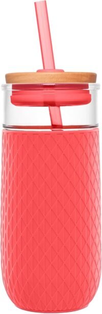 Ello Devon glass tumbler with splash proof wooden lid and straw