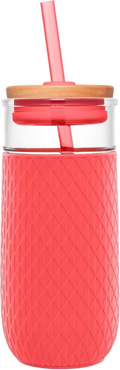 Ello Devon glass tumbler with splash proof wooden lid and straw