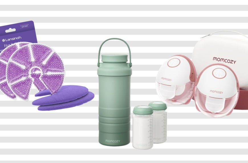 An infographic bundle of pumping essentials for work featuring purple Lansinoh breast therapy packs, a green Momcozy portable milk cooler bottle, and the pink and white Momcozy M5 wearable hands-free breast pump with its travel carrying case.