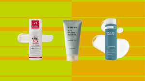 A flat lay of skincare cleansing essentials featuring the Bioderma Sébium cleanser, MakeUp Eraser cloth, Naturium salicylic acid gel, Versed gel-cream moisturizer, Paula's Choice toner, Hero Mighty Patches, and EltaMD UV Clear sunscreen.