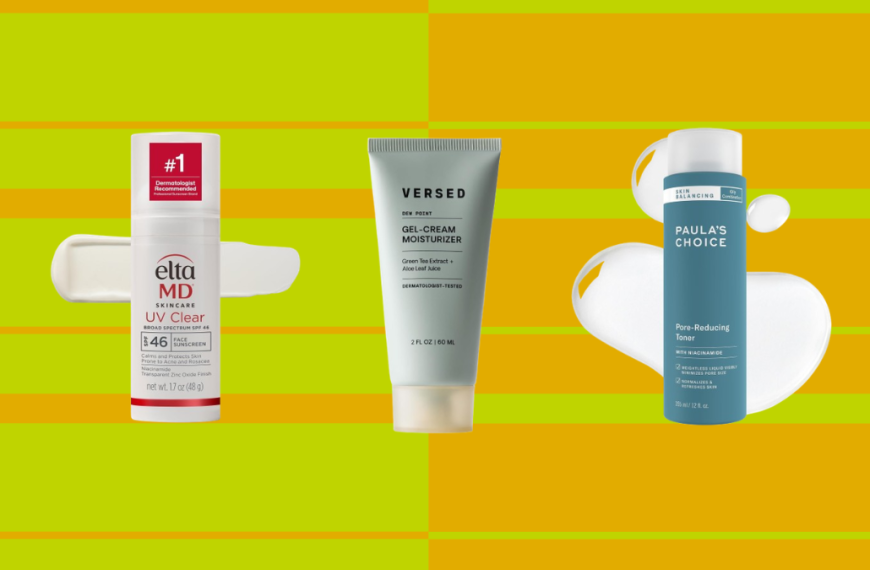 A flat lay of skincare cleansing essentials featuring the Bioderma Sébium cleanser, MakeUp Eraser cloth, Naturium salicylic acid gel, Versed gel-cream moisturizer, Paula's Choice toner, Hero Mighty Patches, and EltaMD UV Clear sunscreen.