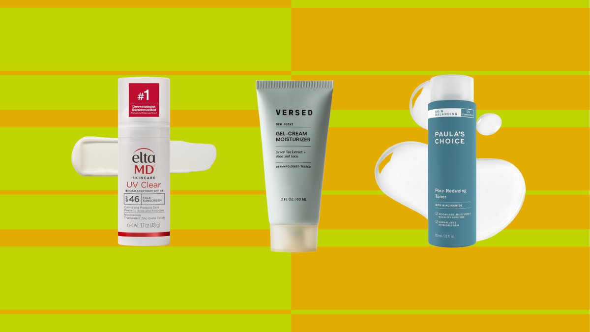 A flat lay of skincare cleansing essentials featuring the Bioderma Sébium cleanser, MakeUp Eraser cloth, Naturium salicylic acid gel, Versed gel-cream moisturizer, Paula's Choice toner, Hero Mighty Patches, and EltaMD UV Clear sunscreen.