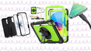 A collection of durable tech accessories featuring the OtterBox Defender Pro case, SEYMAC iPad case, Fintie Fire HD case, Anker braided cable, N. NETDOT magnetic charger, Puro Sound Labs headphones, and military-grade screen protectors.